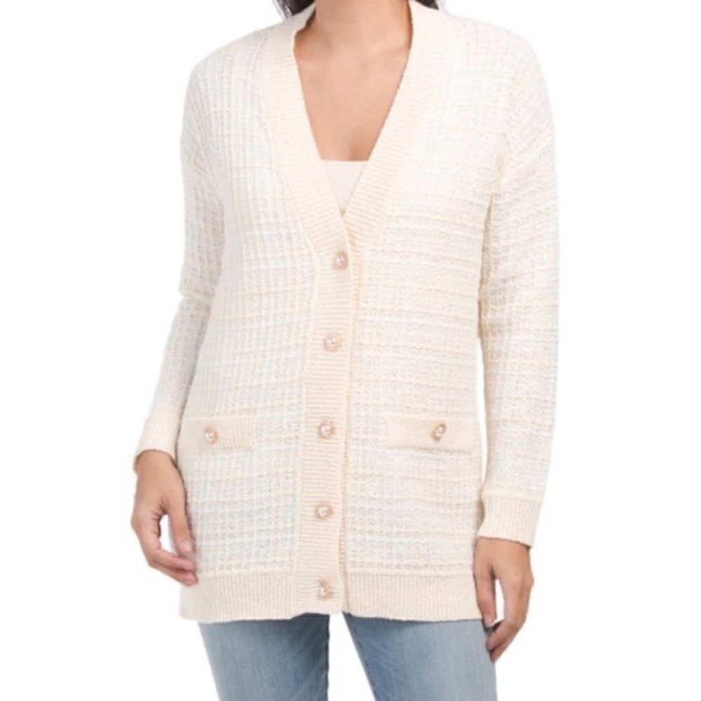 Elie Tahari Cream Pearl Button Long Knit Cardigan Sweater M